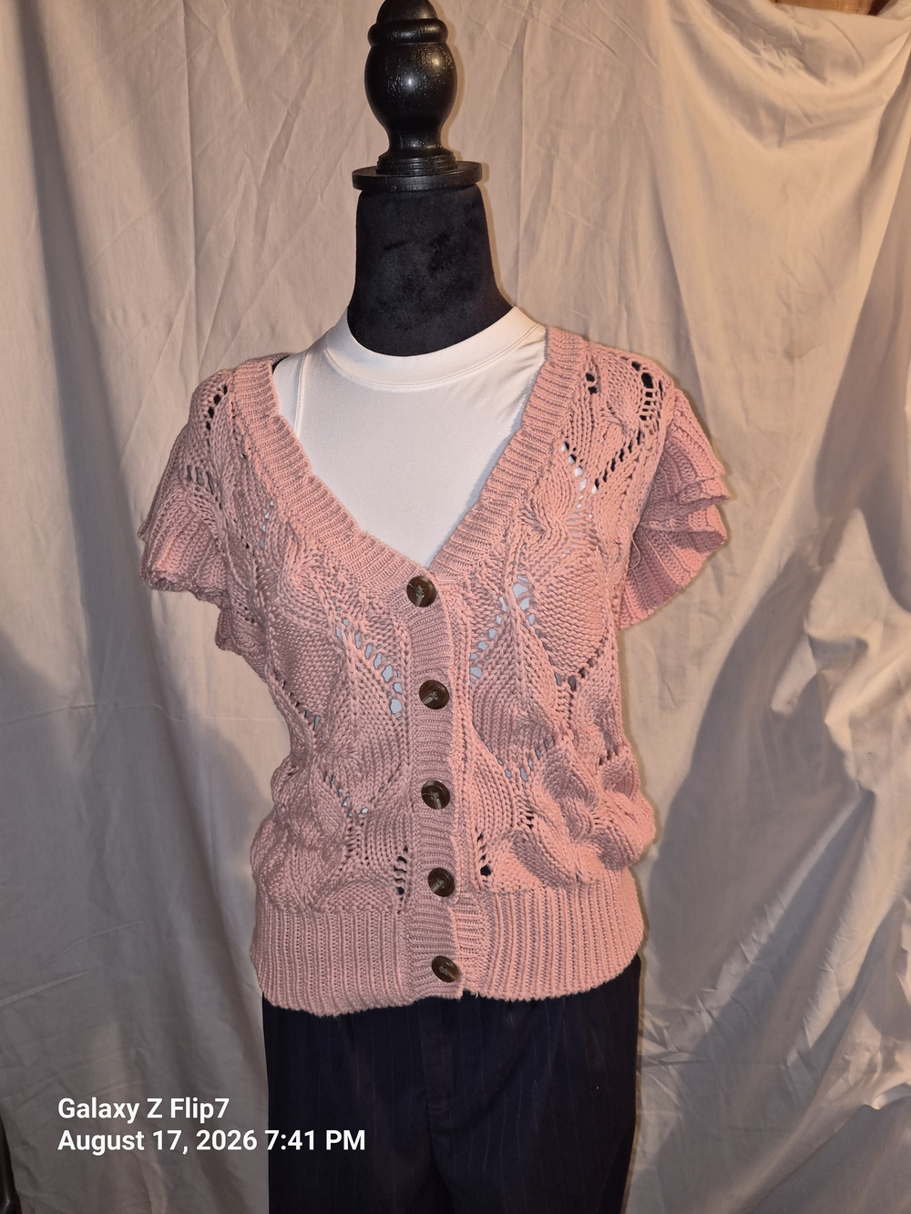 DR2 Pink Short-Sleeve Cable Knit Button-Front Cardigan Sz Large